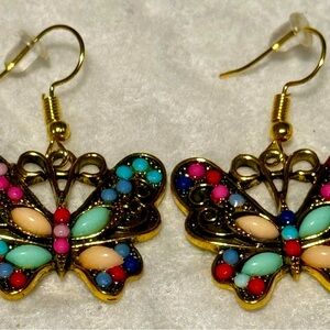 Gold Tone Butterfly Colorful Beaded Earrings
